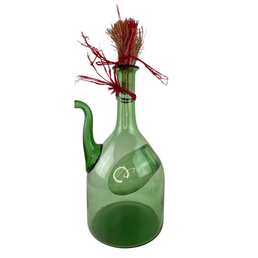 Vintage Green Pitcher Glass Wine Bottle Decanter Ice Chamber Chiller Hand Blown